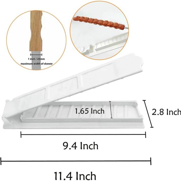 White manual kebab maker mold with skewer-size and product dimensions